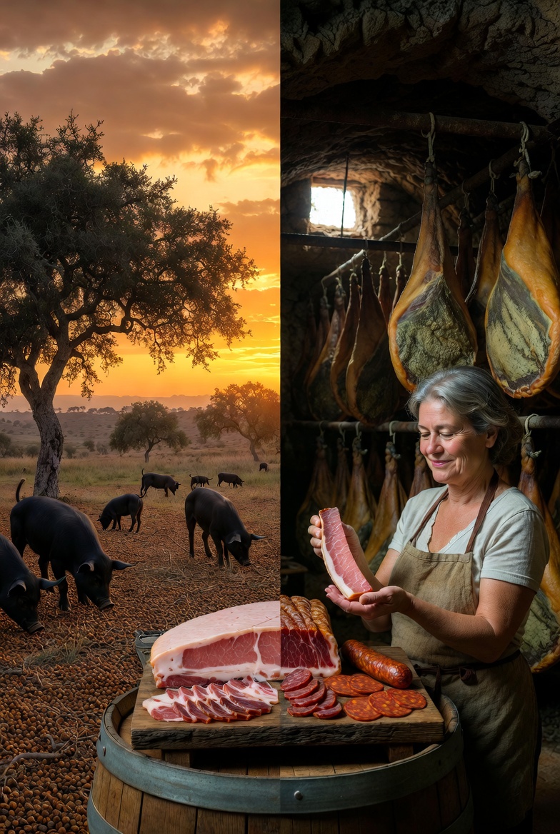 Origen del jam&oacute;n ib&eacute;rico en la dehesa y bodega de secado, con tabla de embutidos.