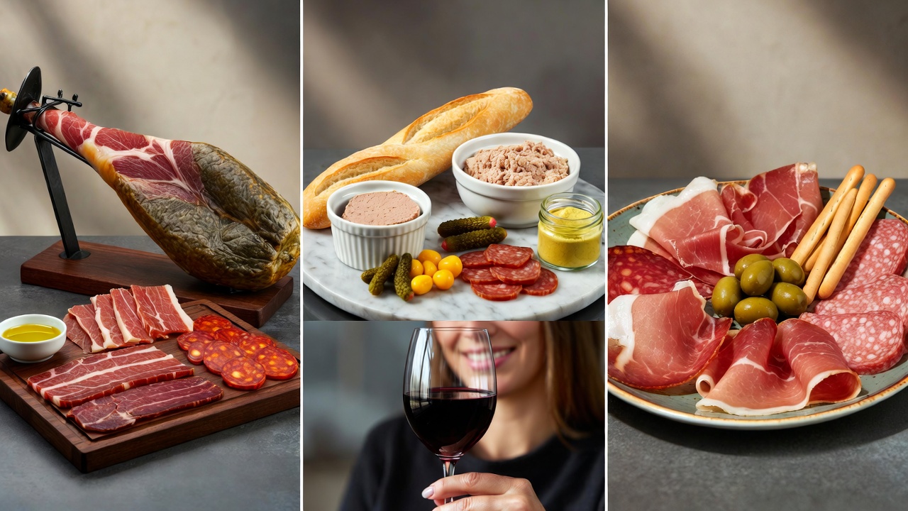 Comparaci&oacute;n visual entre tabla ib&eacute;rica, charcuterie francesa y antipasto italiano.