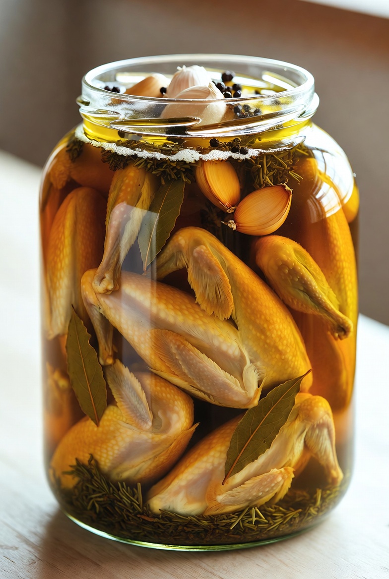 Tarro de cristal con codornices en escabeche casero, sumergidas en aceite con ajos y hierbas