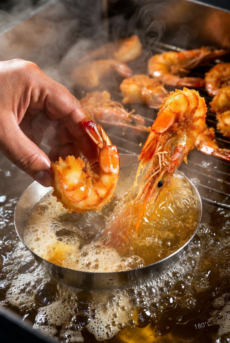T&eacute;cnica de fritura perfecta para gambas rebozadas a 180&deg;C, mostrando el crujido.