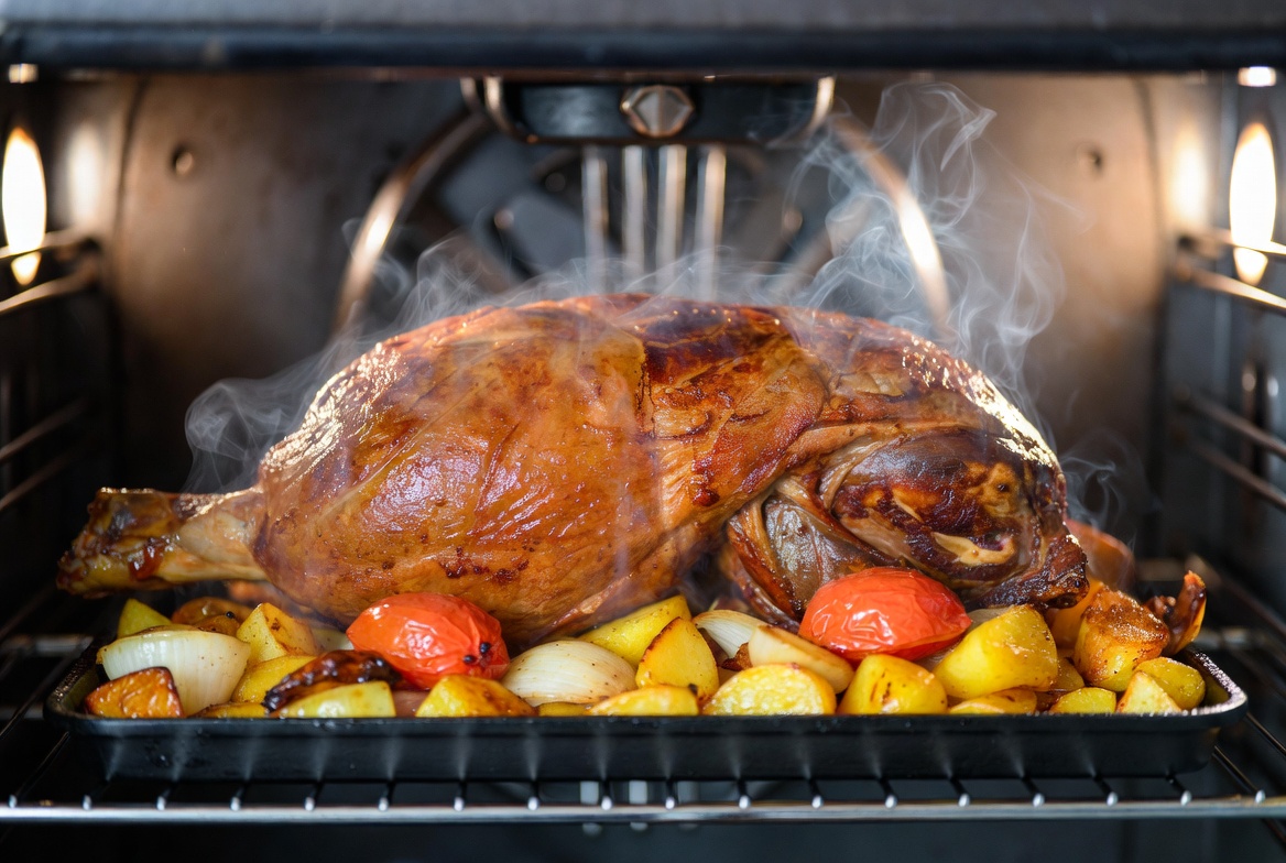 Ternasco de Arag&oacute;n entero asado al horno, dorado y sobre verduras.