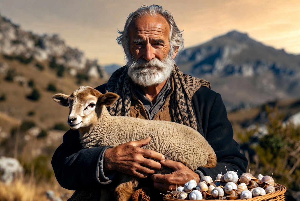 Pastor con cordero lechal y caracoles en el campo aragon&eacute;s, origen del plato tradicional.