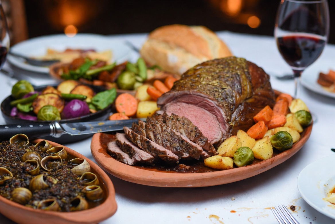 Plato terminado de ternasco asado con caracoles y verduras, presentado para servir.