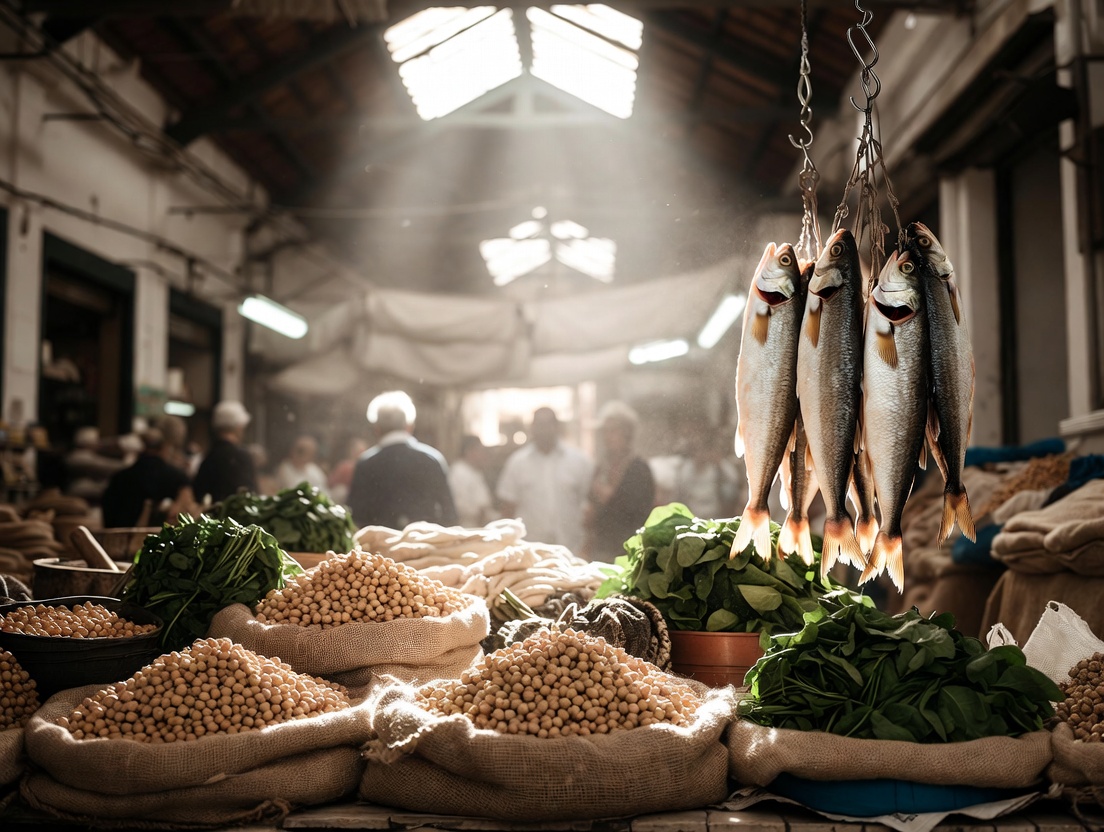 Ingredientes tradicionales para garbanzos con espinacas y bacalao en un mercado andaluz