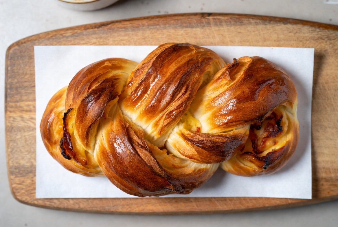 Trenza de Huesca tradicional, postre de almendra aragonés glaseado, mostrando su forma trenzada.