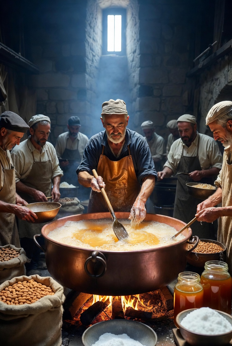 Maestro turronero remueve turr&oacute;n de Alicante en caldera de cobre en obrador tradicional del siglo XIX