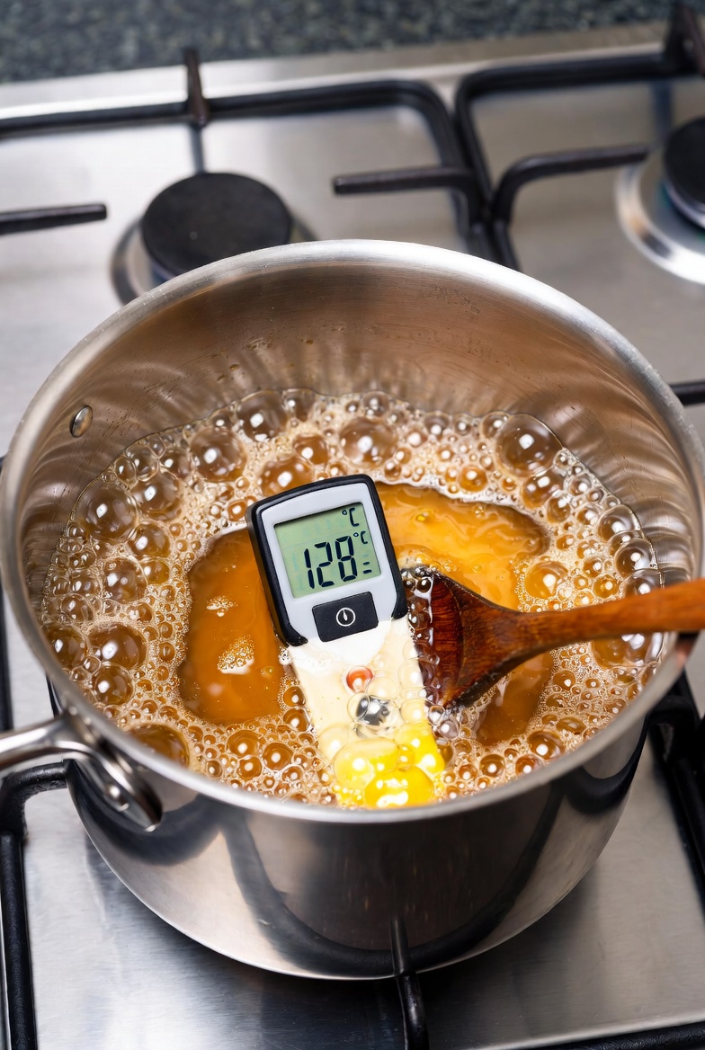 Term&oacute;metro marca 128&deg;C en alm&iacute;bar para turr&oacute;n de Alicante, punto de bola perfecto.