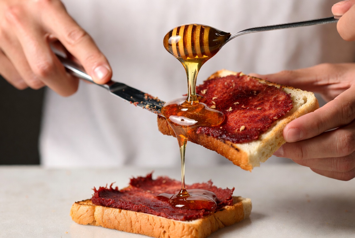 Manos untando sobrasada y a&ntilde;adiendo miel sobre pan tostado