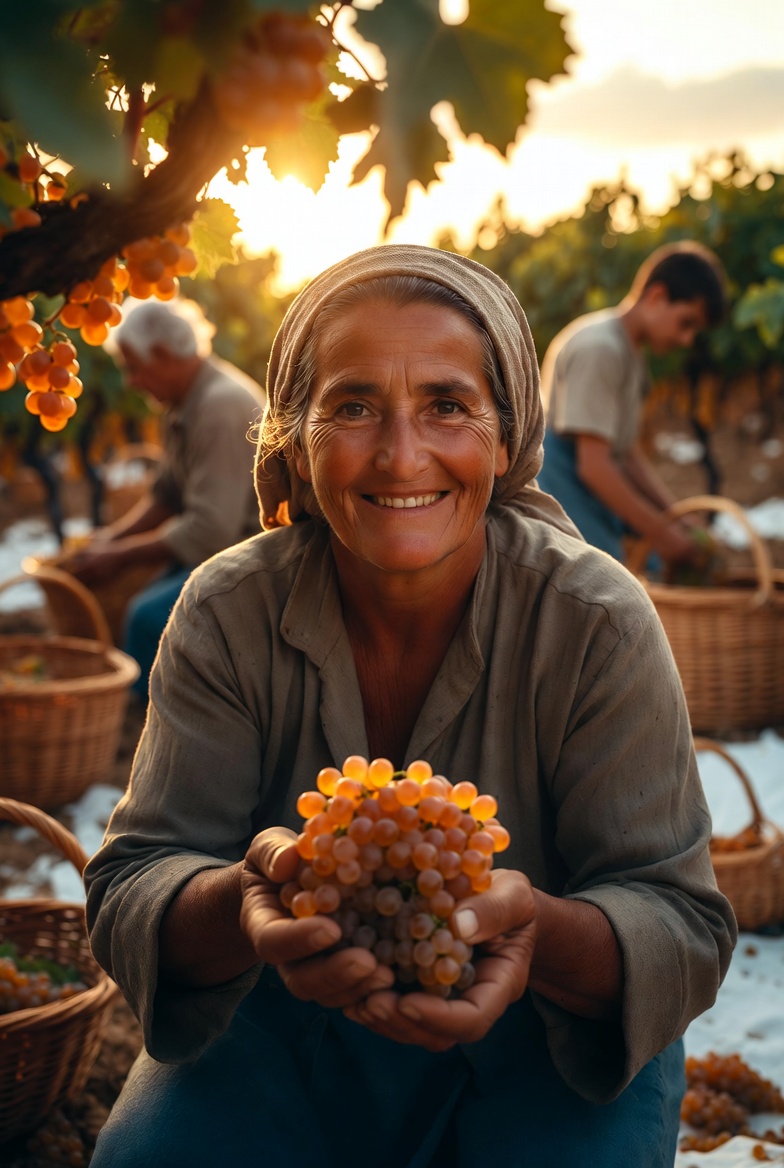 Mujer vendimiadora sonriente sosteniendo un racimo de uva Pedro Xim&eacute;nez en un vi&ntilde;edo de Montilla-Moriles al atardecer.