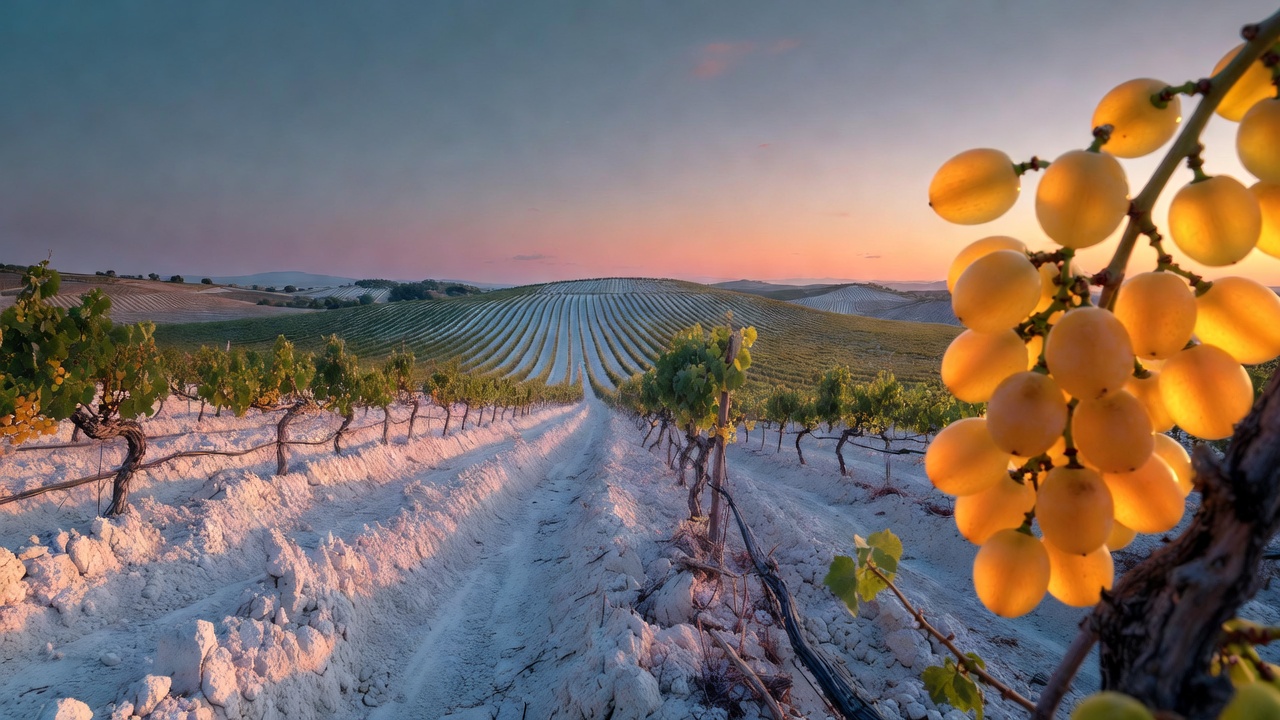 Vi&ntilde;edos de uva Pedro Xim&eacute;nez en el suelo albariza de Montilla-Moriles, Andaluc&iacute;a