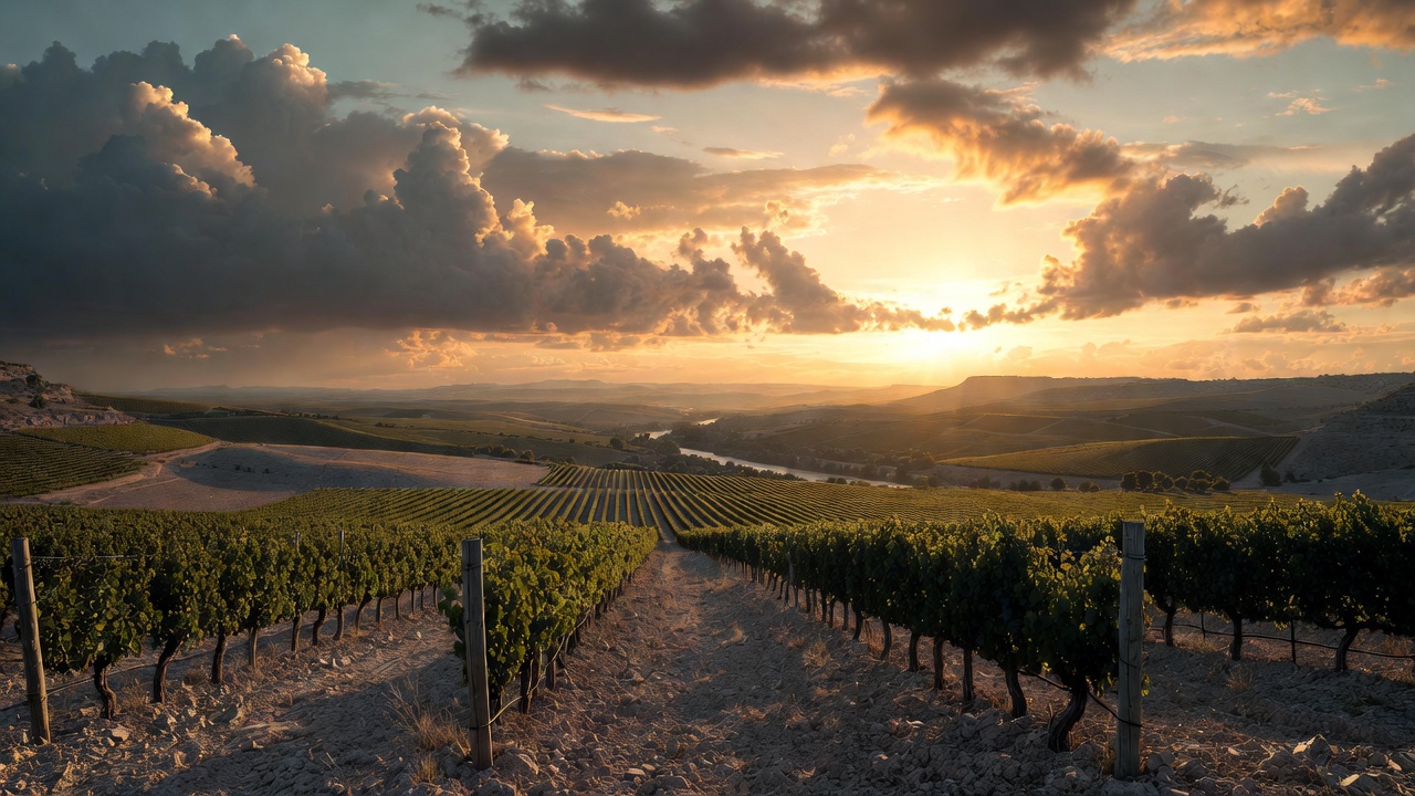  Paisaje extenso de vi&ntilde;edos de la Denominaci&oacute;n de Origen Ribera del Duero al atardecer.
