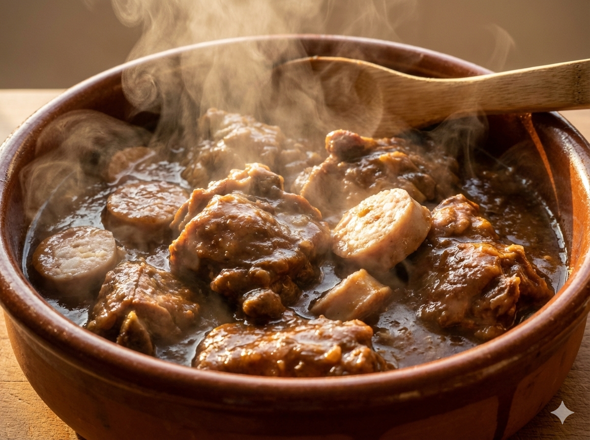 Guiso de Xai a la Catalana humeante en cazuela de barro, listo para reposar.