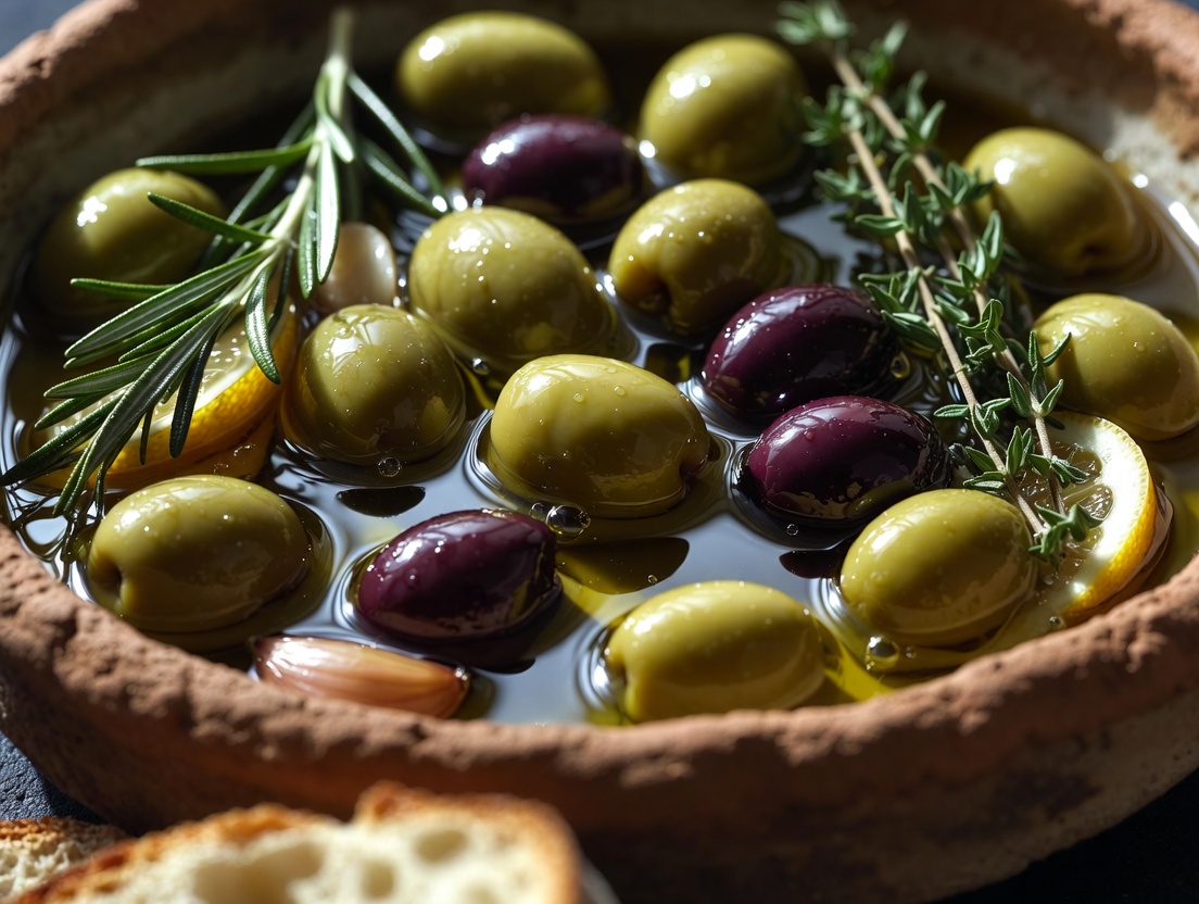 Aceitunas ali&ntilde;adas caseras en cuenco de barro con ajo, hierbas y aceite de oliva, preparaci&oacute;n tradicional mediterr&aacute;nea.