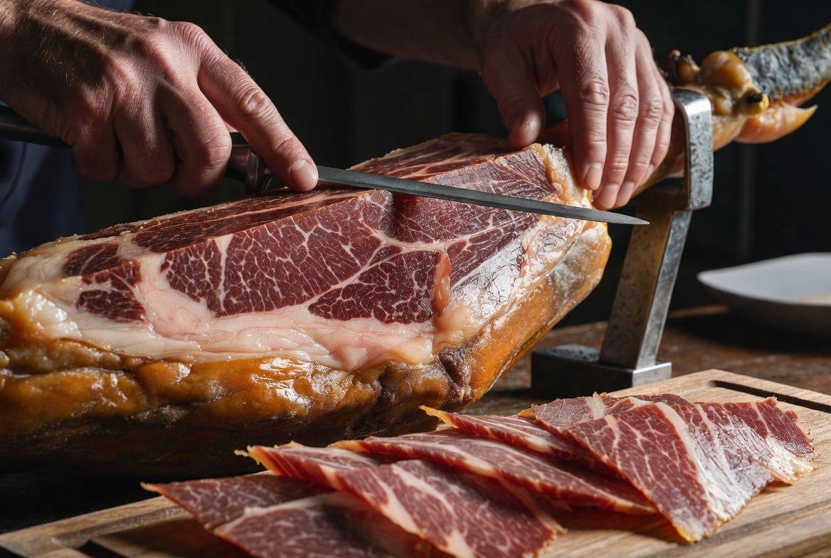 Cortador experto levantando una loncha fina y brillante de Jam&oacute;n Ib&eacute;rico de Bellota con su cuchillo, arte del corte.