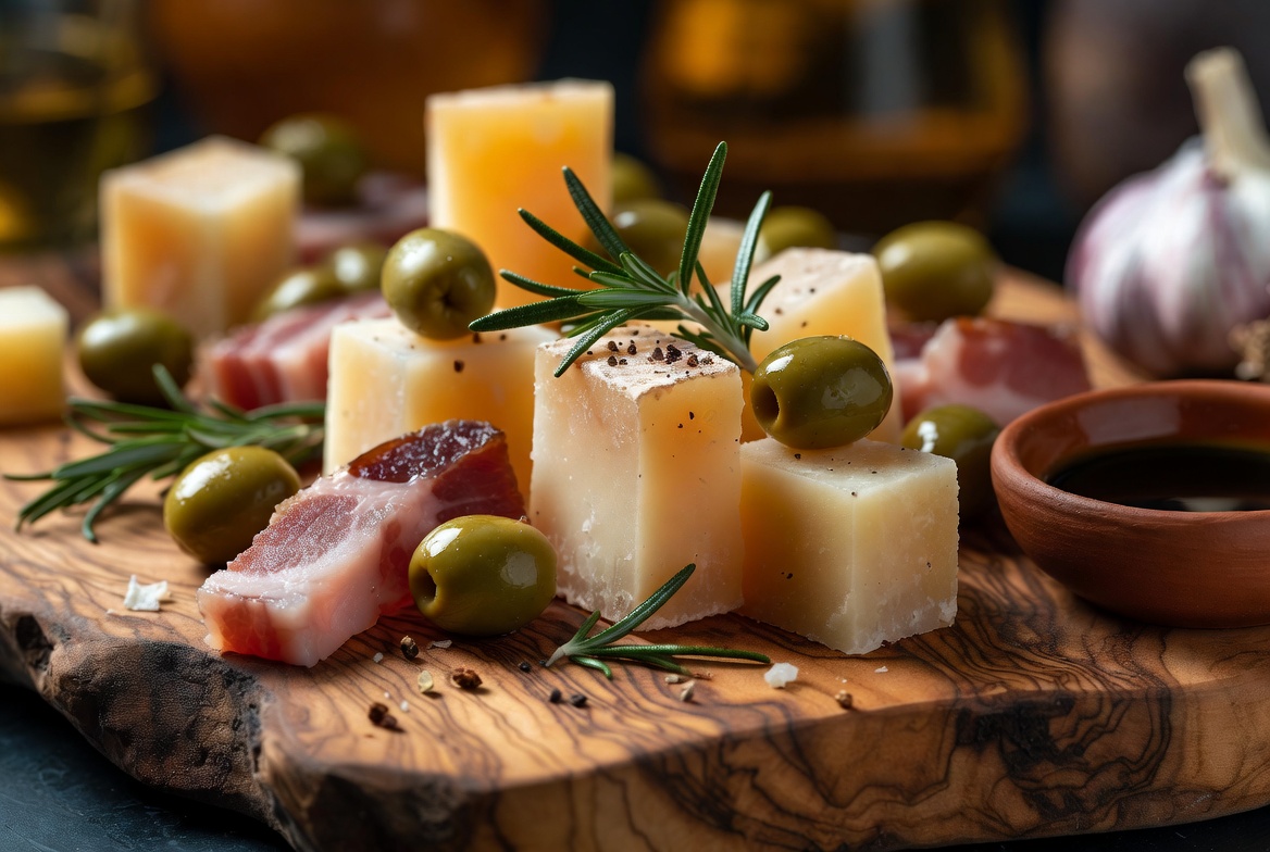 Ingredientes frescos para brocheta de queso manchego sobre tabla de madera r&uacute;stica de olivo