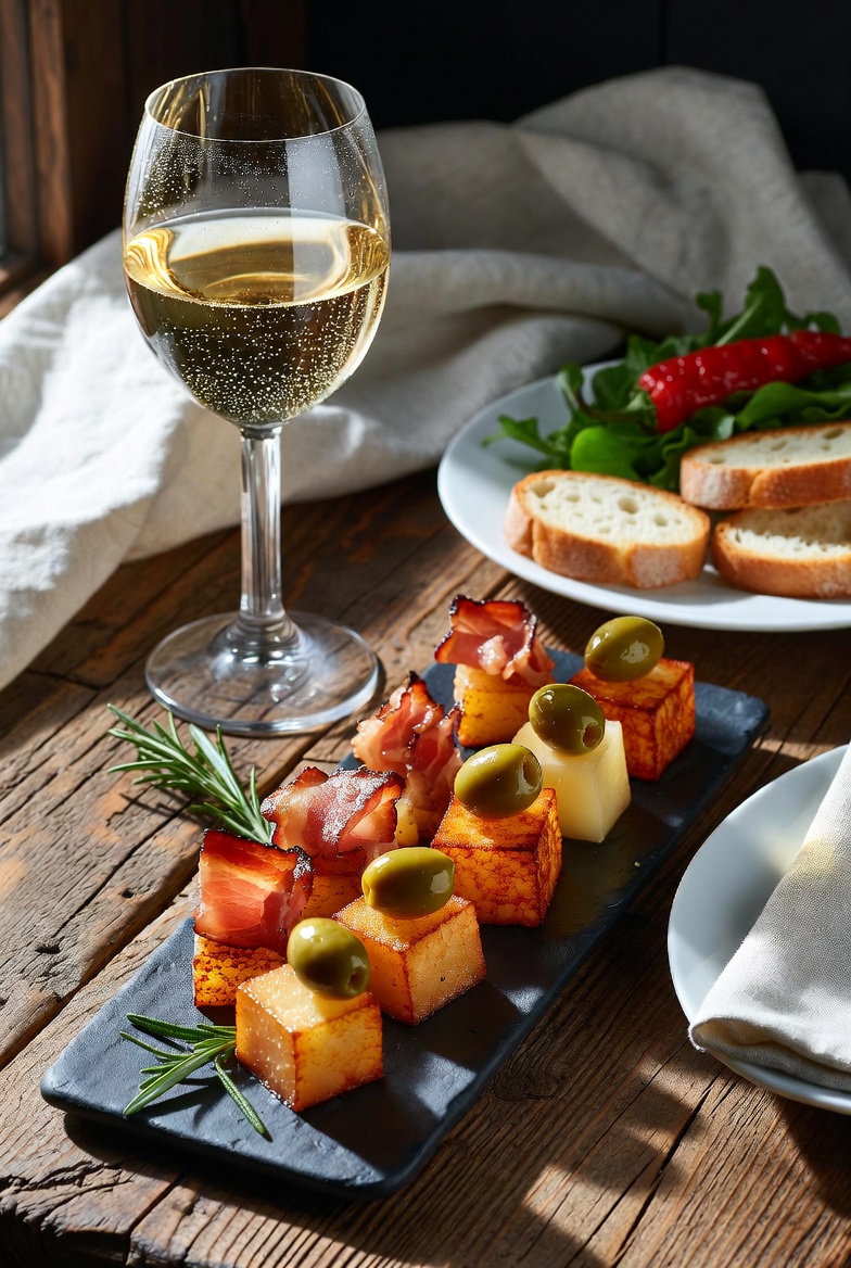 Mesa puesta con brochetas de queso manchego, copa de fino, pan y ensalada