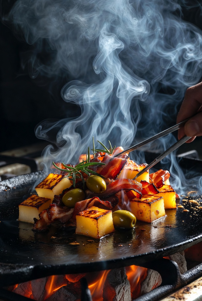 Brocheta de queso manchego reci&eacute;n hecha y humeante sobre plancha de hierro