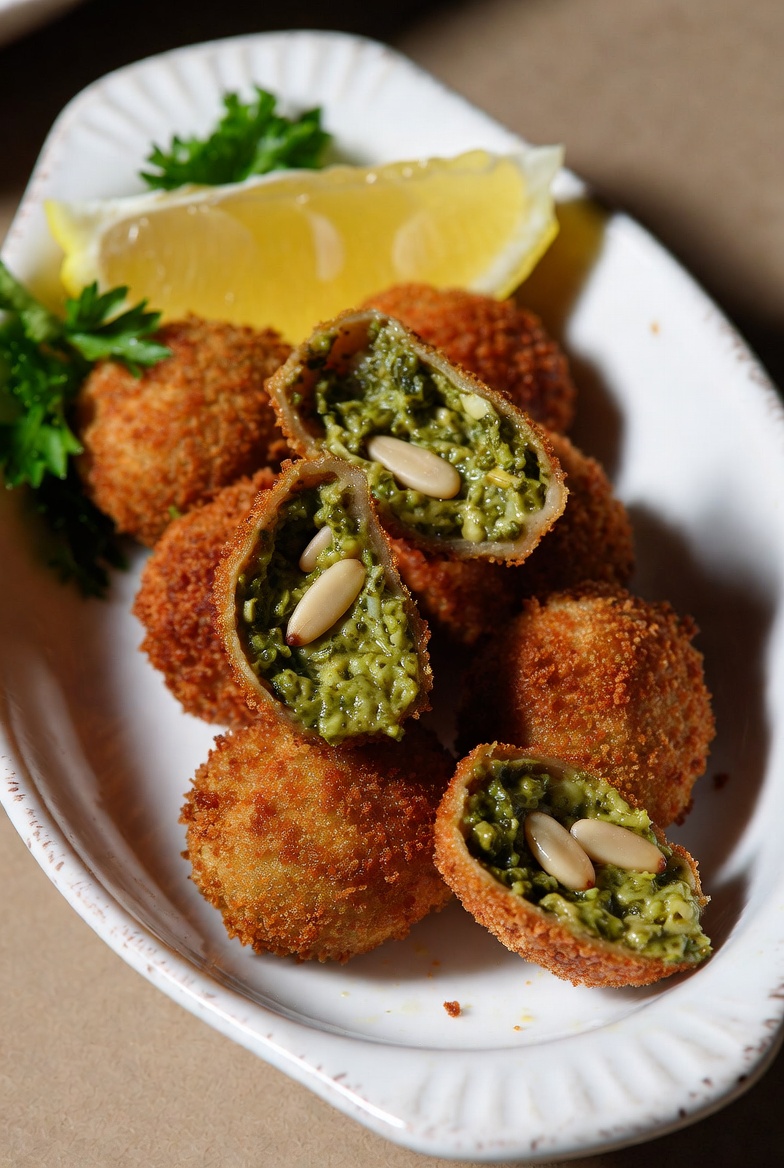Croquetas de espinacas y pi&ntilde;ones reci&eacute;n fritas y doradas en fuente de cer&aacute;mica