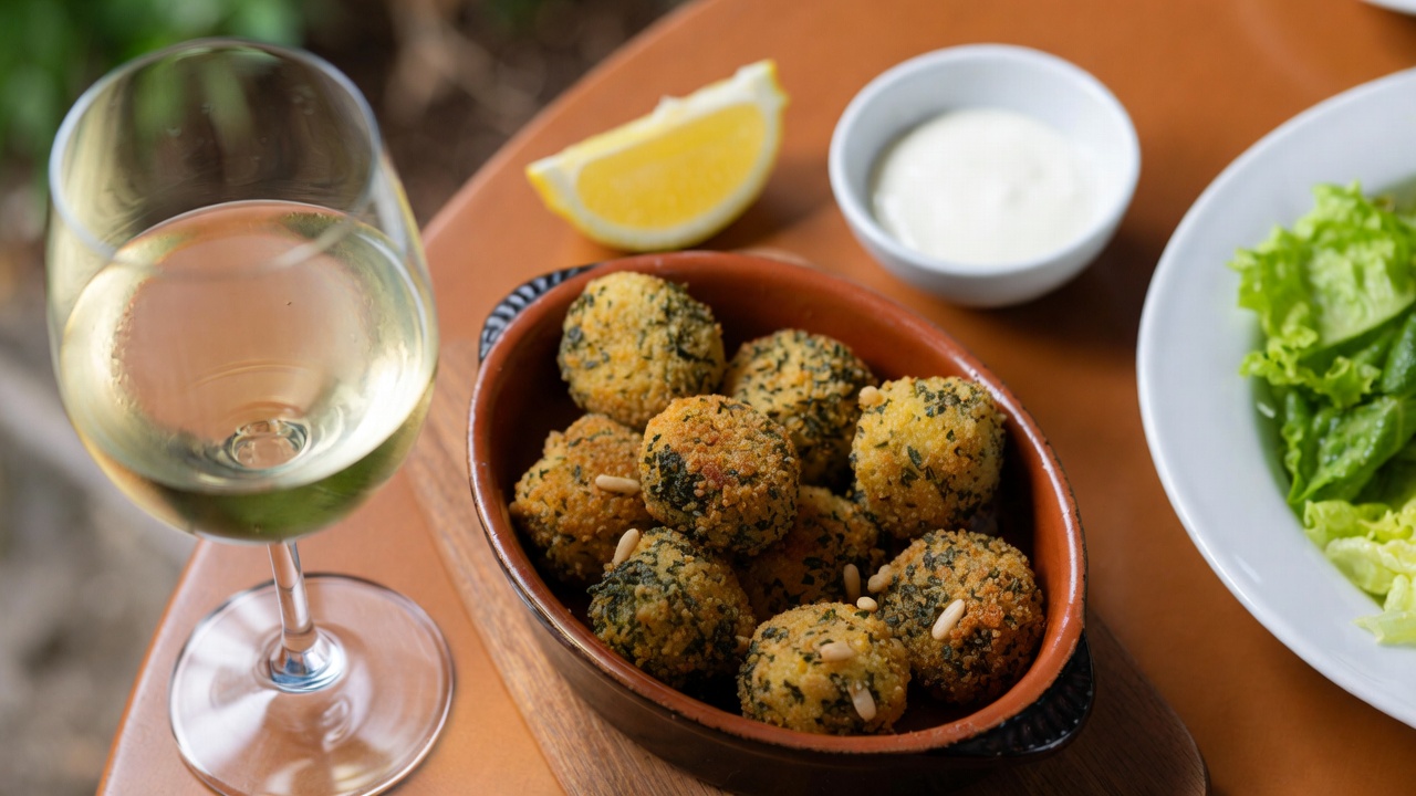 Mesa con croquetas de espinacas y pi&ntilde;ones, vino blanco y acompa&ntilde;amientos