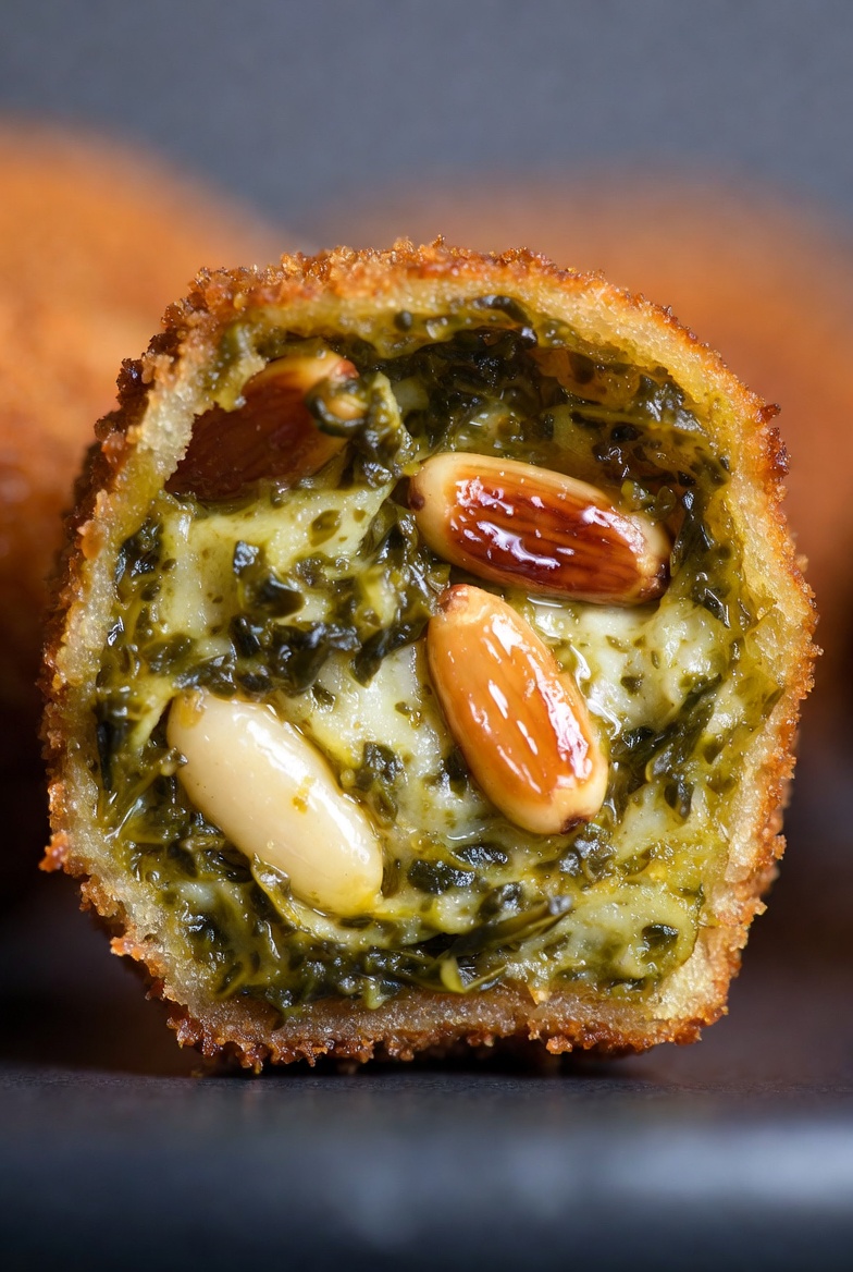 Detalle macro del interior cremoso de una croqueta de espinacas y pi&ntilde;ones partida