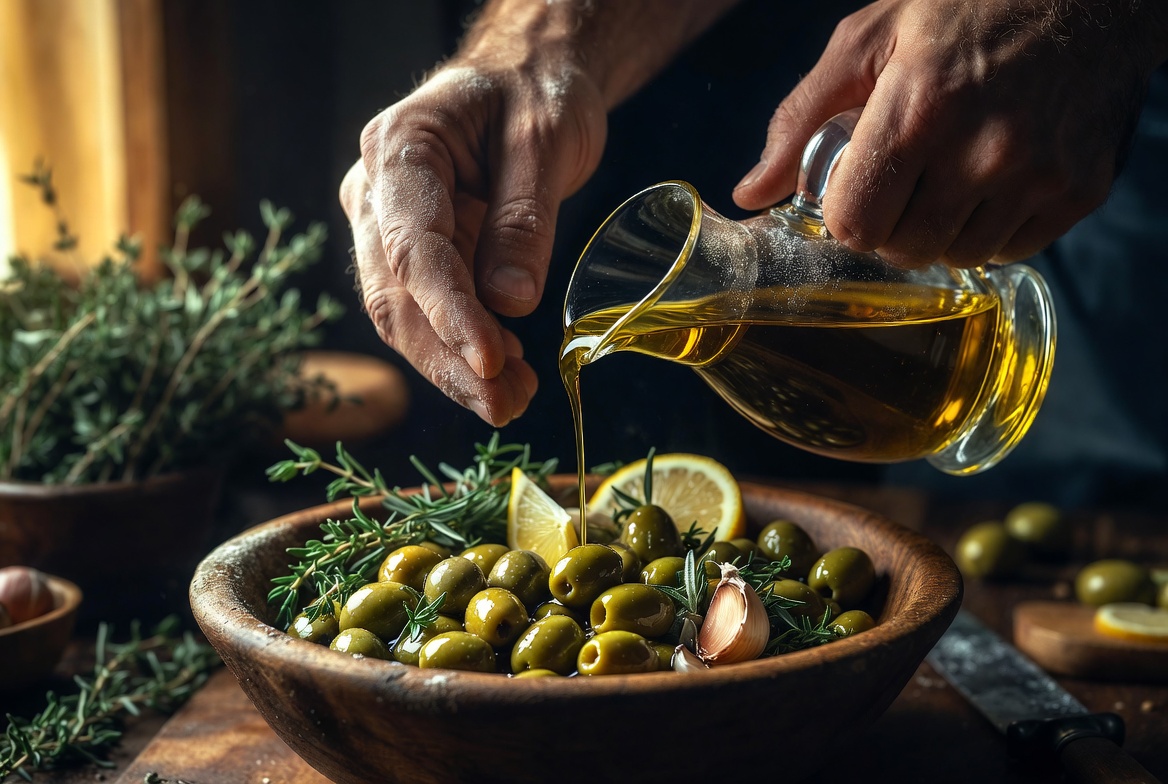 Vertiendo aceite de oliva para ali&ntilde;ar aceitunas caseras, proceso artesanal de la receta tradicional.
