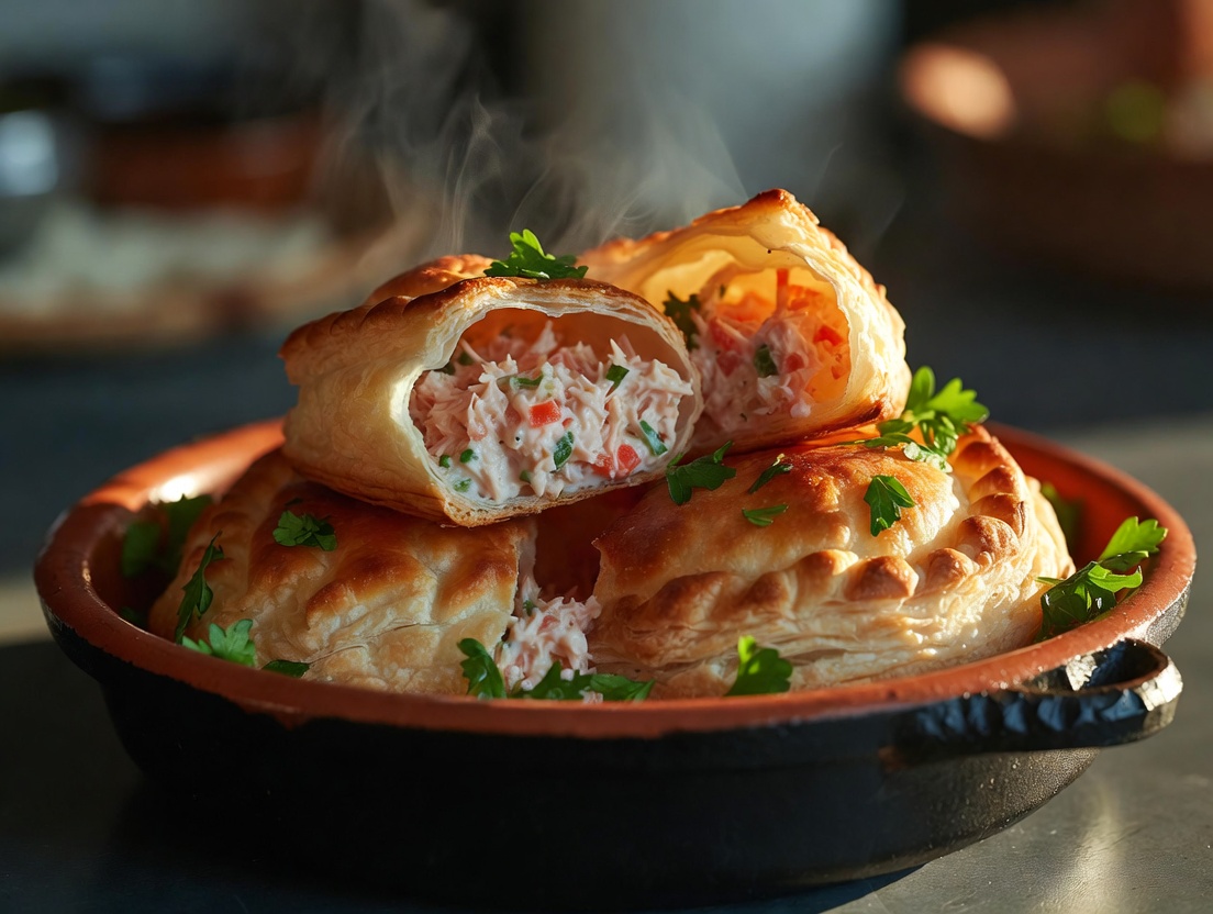 Empanadillas fr&iacute;as de at&uacute;n y pisto reci&eacute;n horneadas en cazuela de barro tradicional