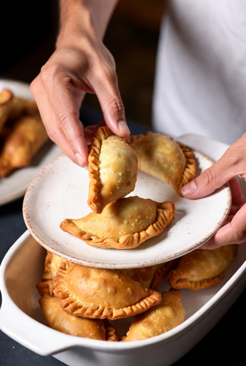 Momento de servir empanadillas fr&iacute;as de at&uacute;n y pisto reci&eacute;n horneadas en un plato