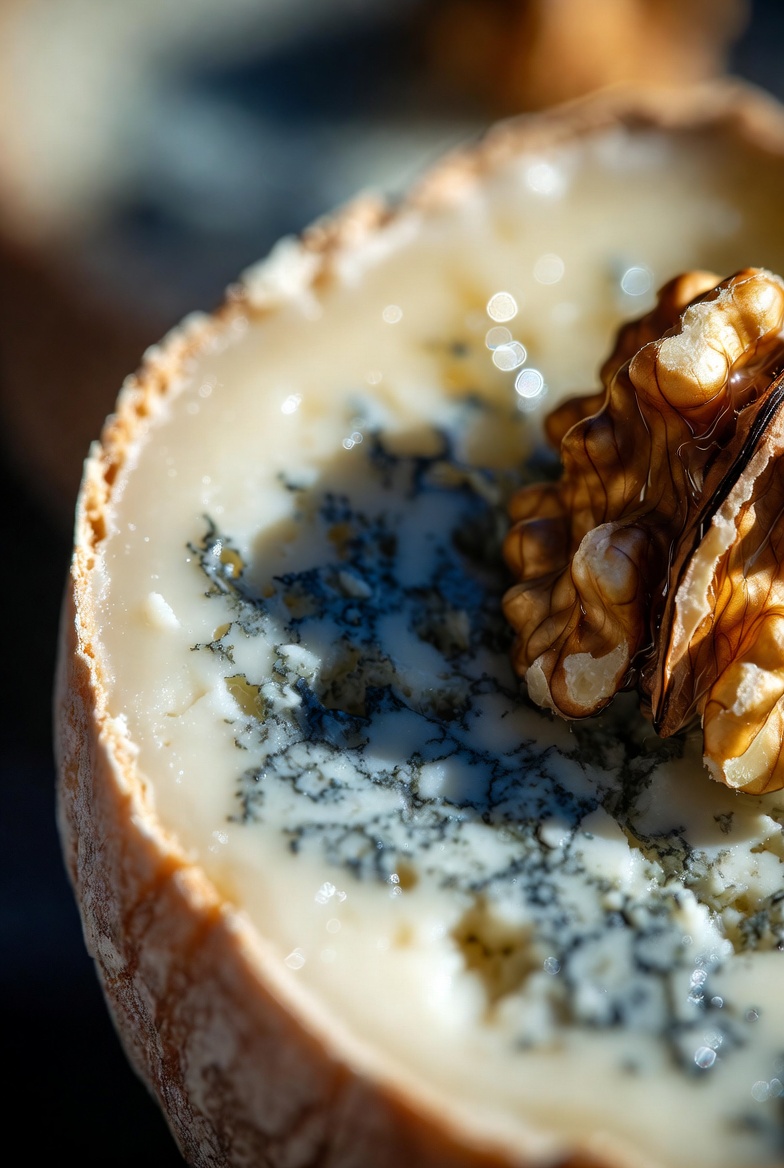 Detalle macro de la textura del queso azul y la endibia crujiente