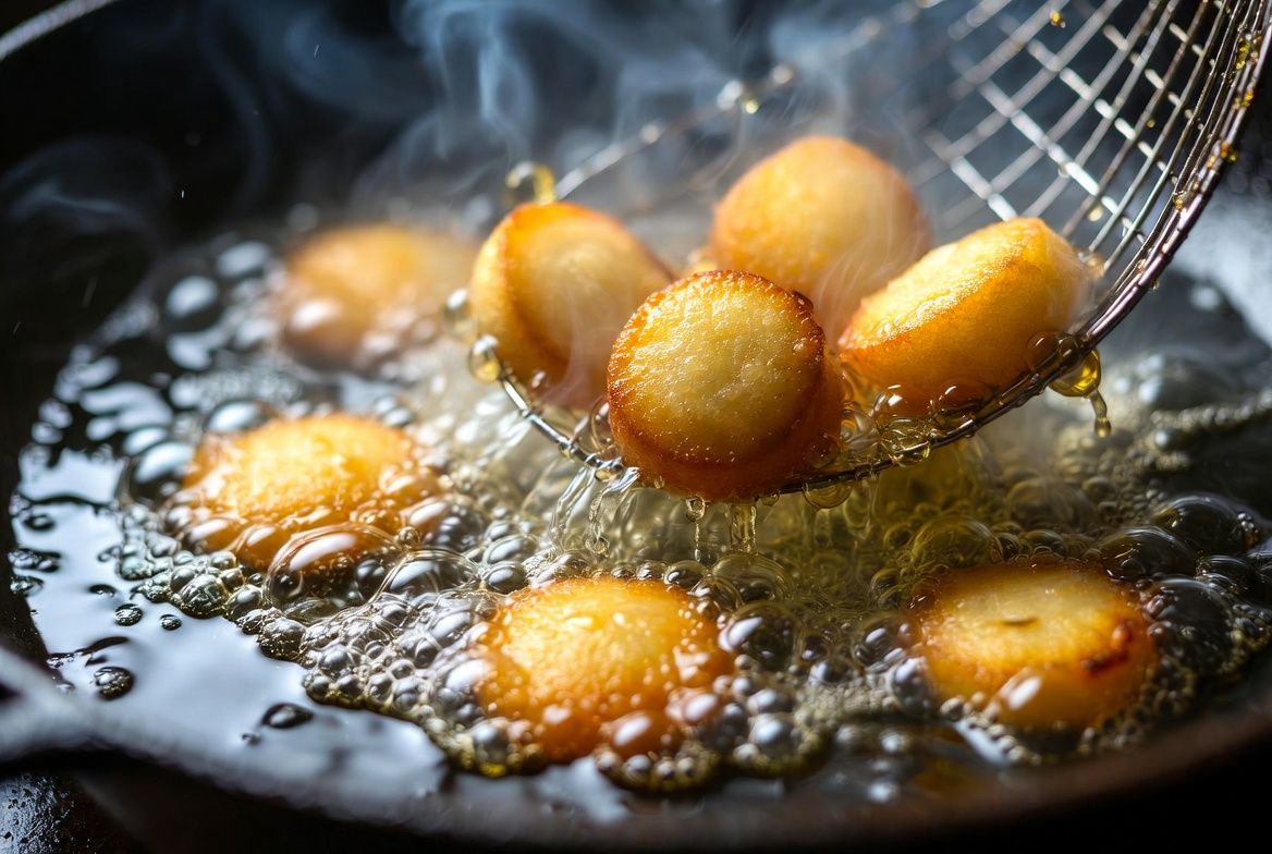 Puntillitas fritas dor&aacute;ndose en aceite de oliva humeante en una sart&eacute;n.