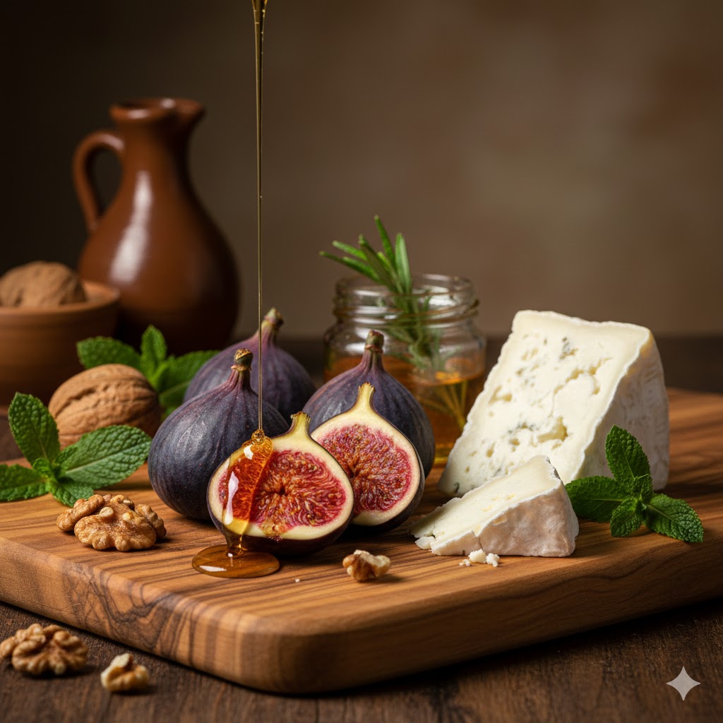 Ingredientes frescos para preparar higos con queso de cabra sobre tabla de madera
