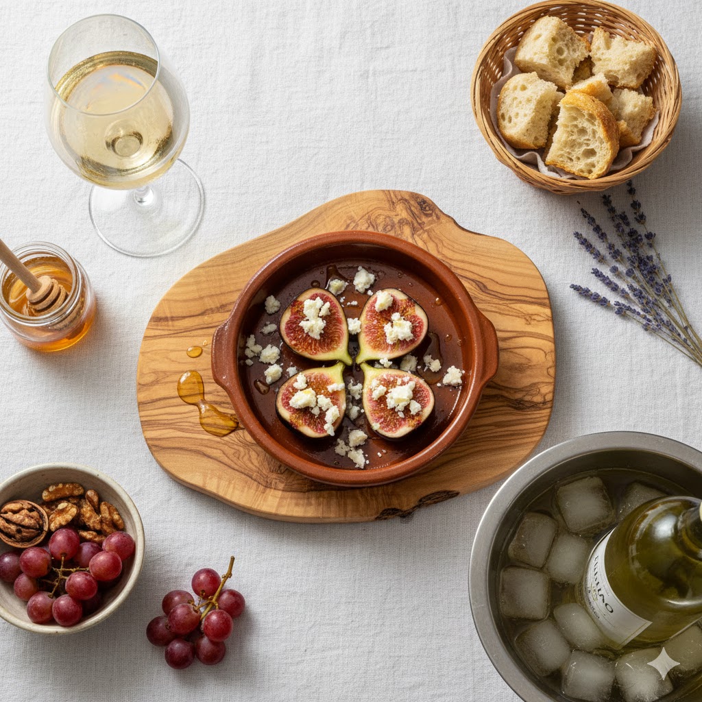 Mesa completa con higos con queso de cabra, copa de vino blanco y pan para maridar