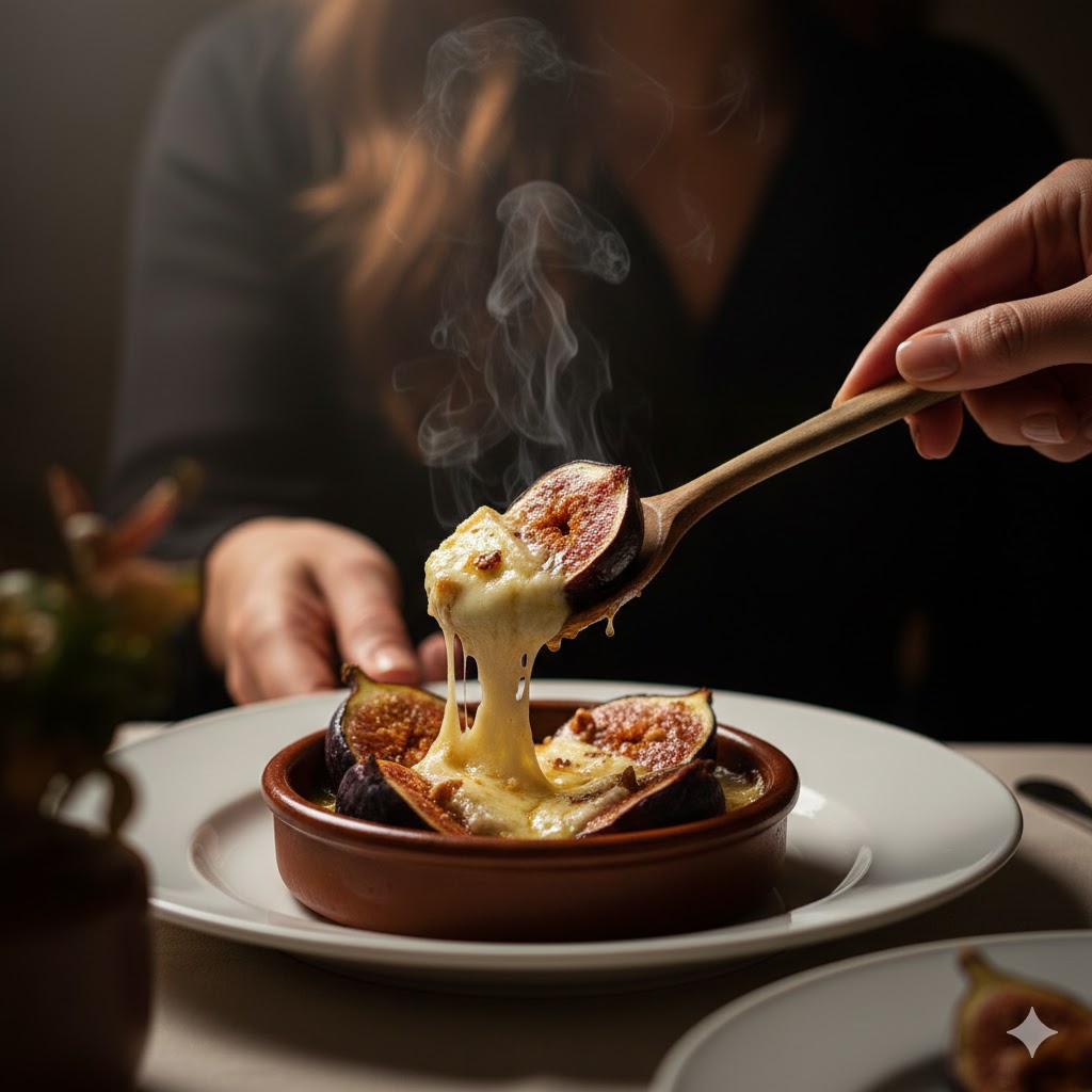 Momento de servir higos con queso de cabra gratinados en la mesa
