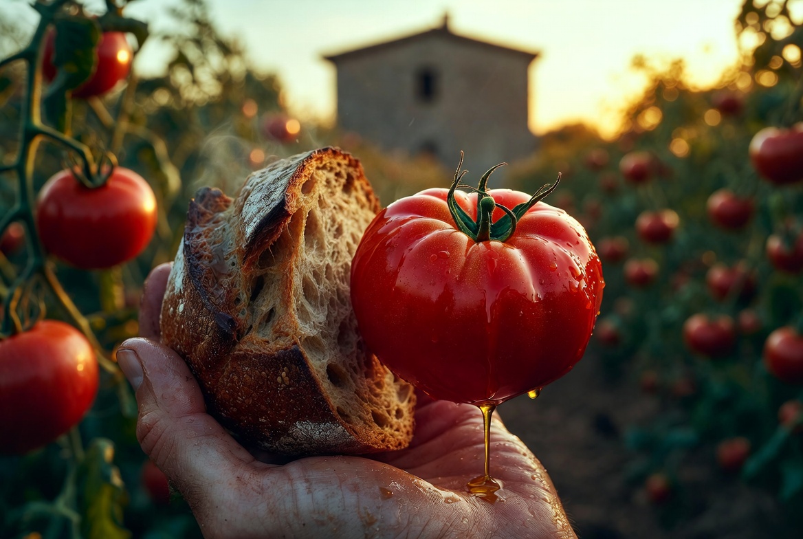 Payés catalán con pan rústico y tomate fresco recién cosechado, origen del pan con tomate.