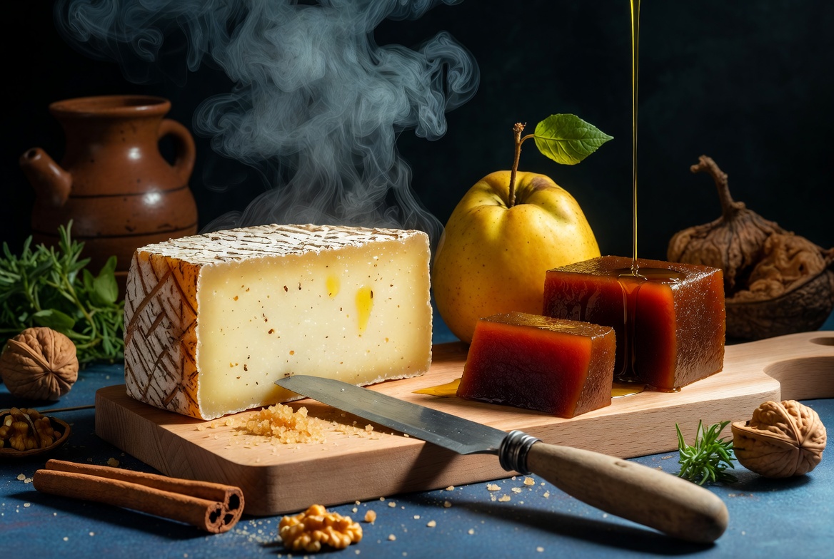 Queso manchego curado y membrillo fresco junto a dulce de membrillo casero.