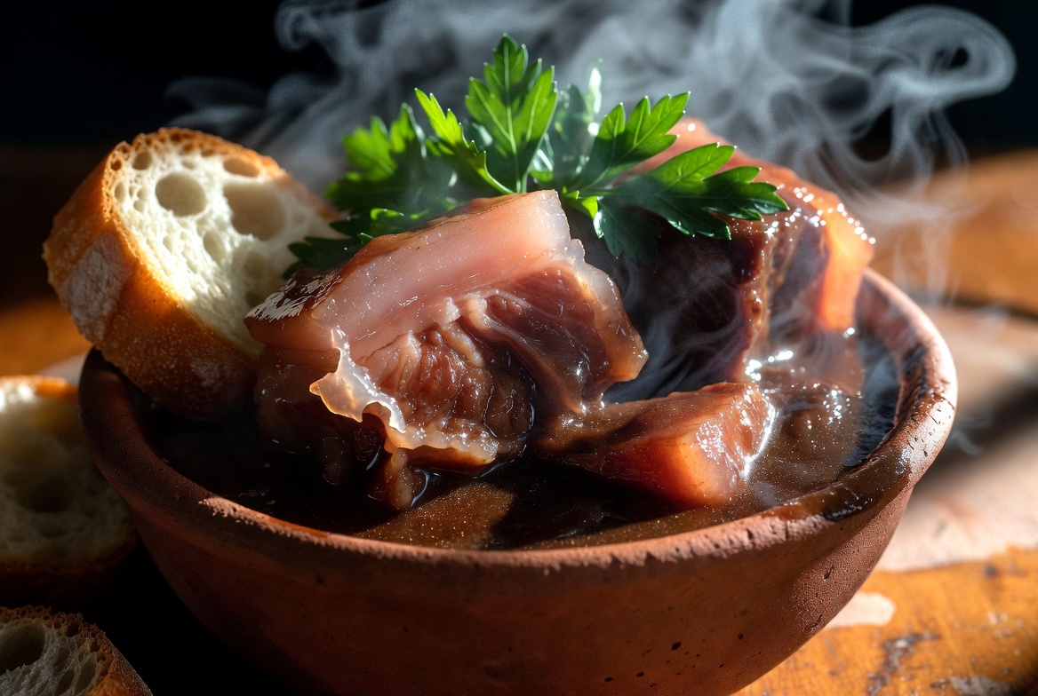 Morros de cerdo en salsa servidos en cazuela de barro tradicional con pan