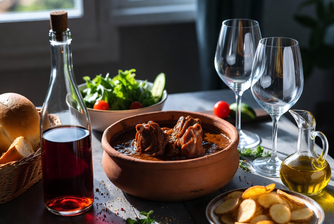 Mesa completa con morros de cerdo en salsa, vino tinto, ensalada y pan