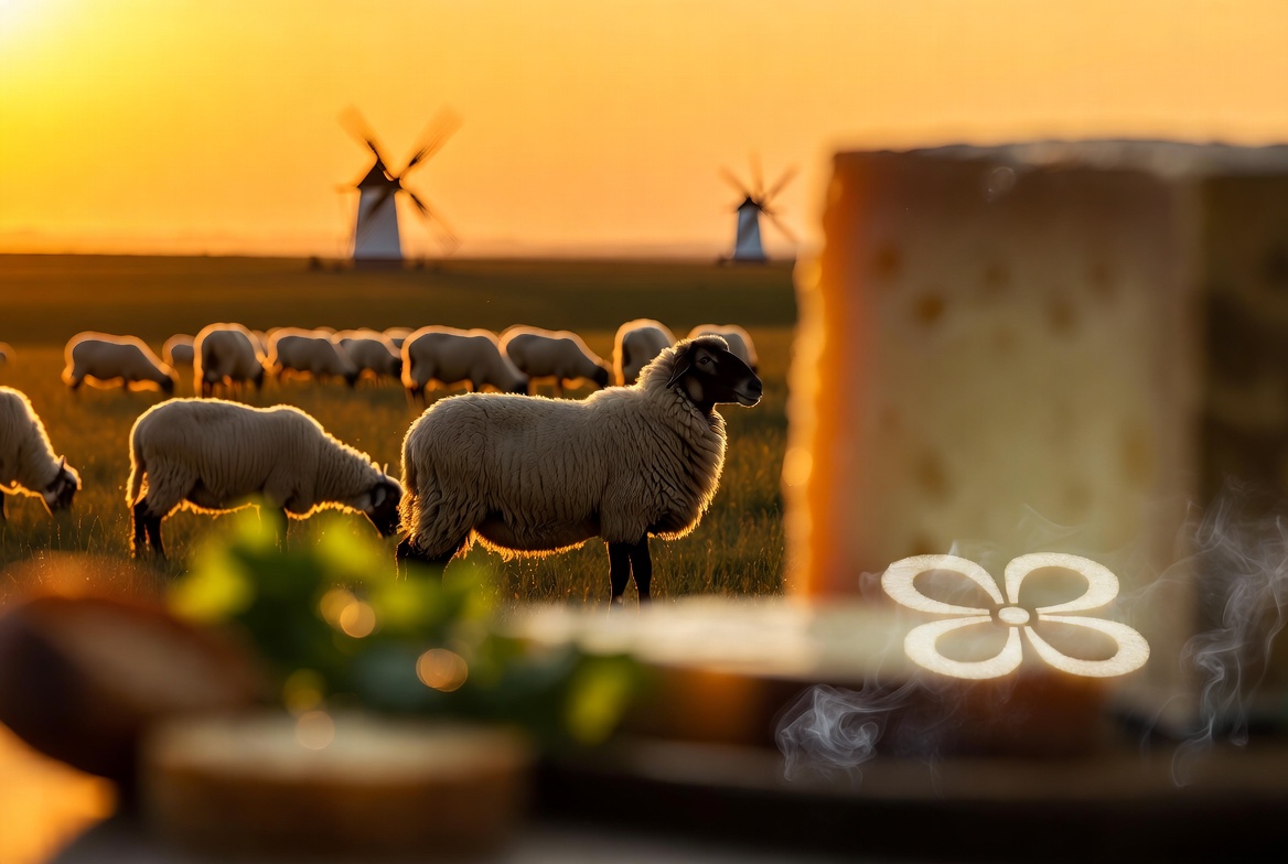 Reba&ntilde;o de ovejas manchegas pastando en los campos de Castilla-La Mancha, origen del queso.