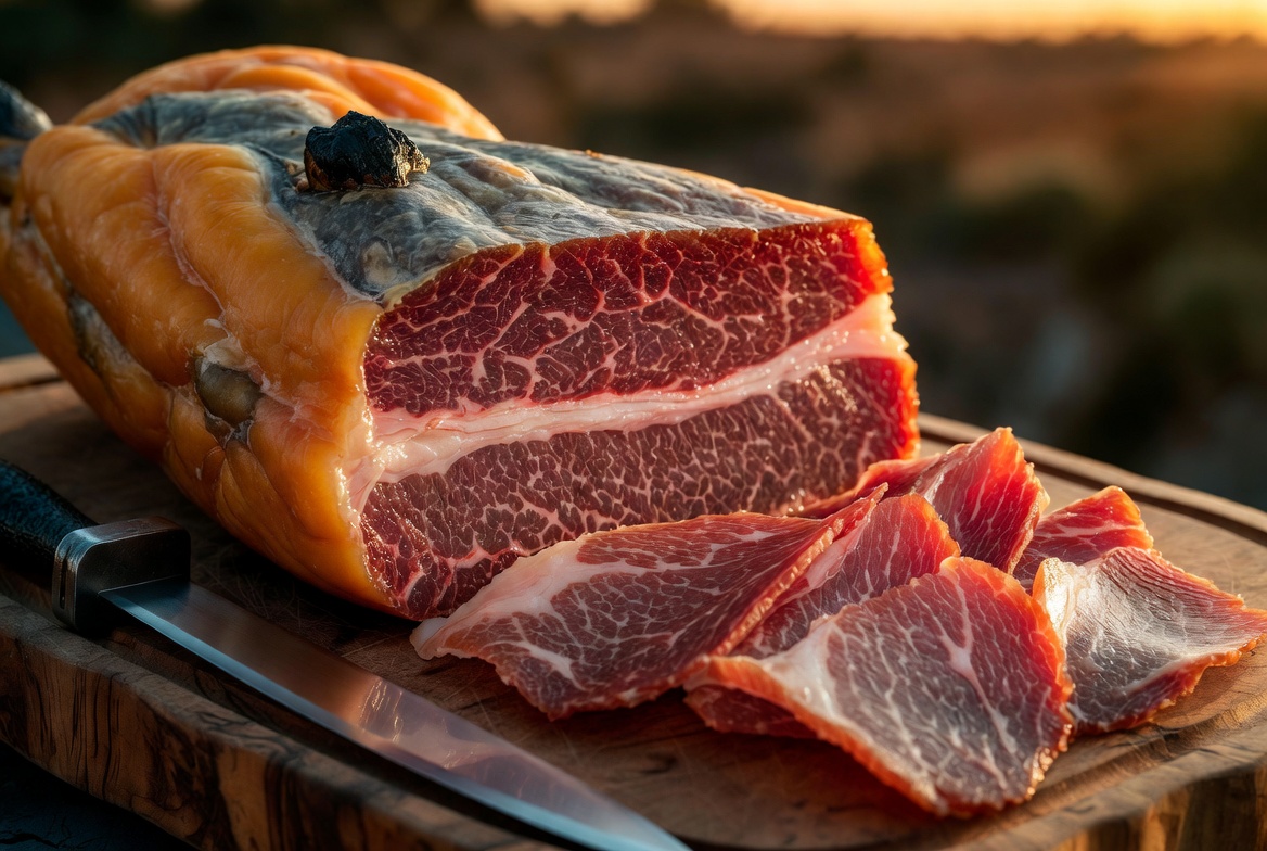 Pata de Jam&oacute;n Ib&eacute;rico de Bellota cortada, mostrando su grasa infiltrada y lonchas transparentes, listo para servir.