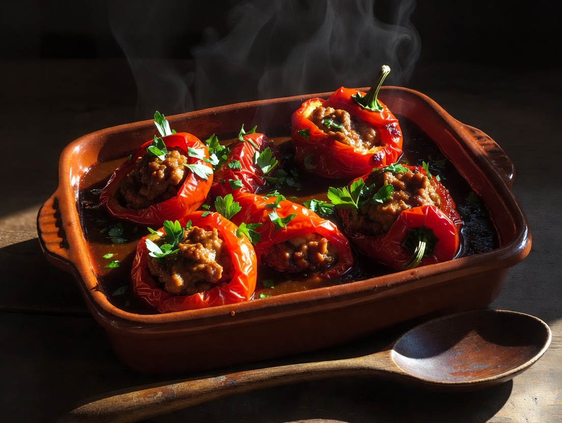 Pimientos del piquillo rellenos servidos en fuente de barro tradicional