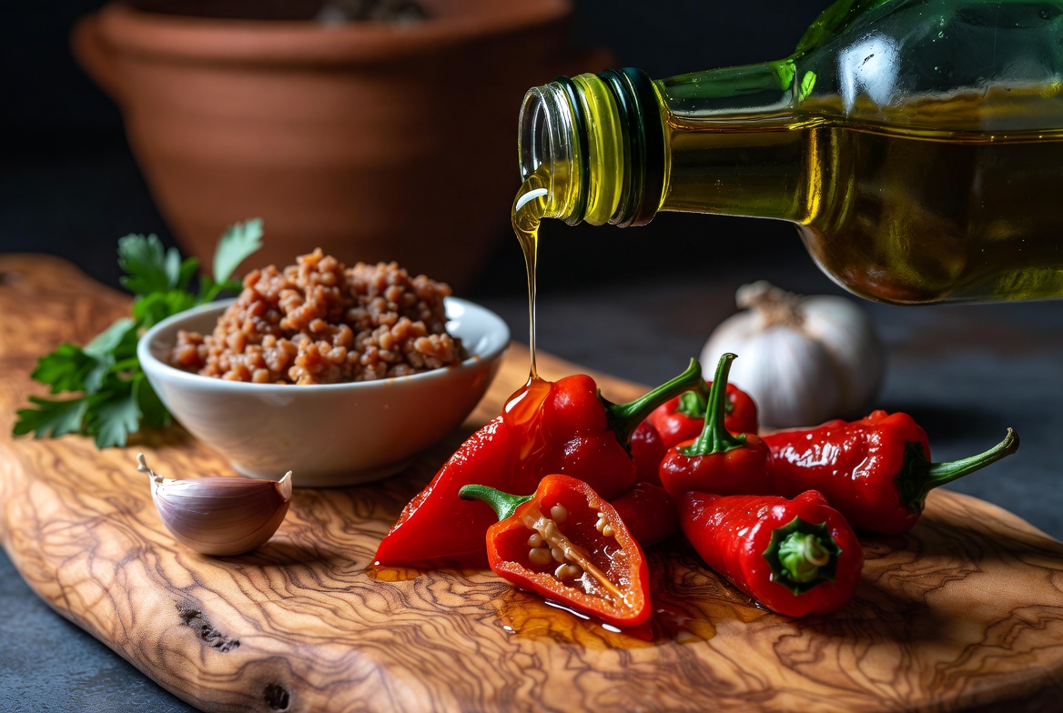 Ingredientes frescos para hacer pimientos del piquillo rellenos tradicionales