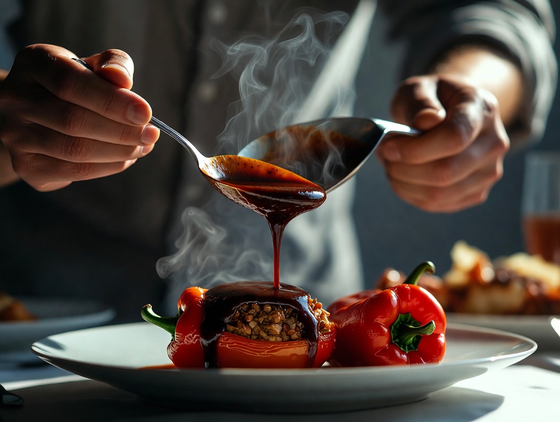 Sirviendo salsa sobre pimientos del piquillo rellenos reci&eacute;n horneados