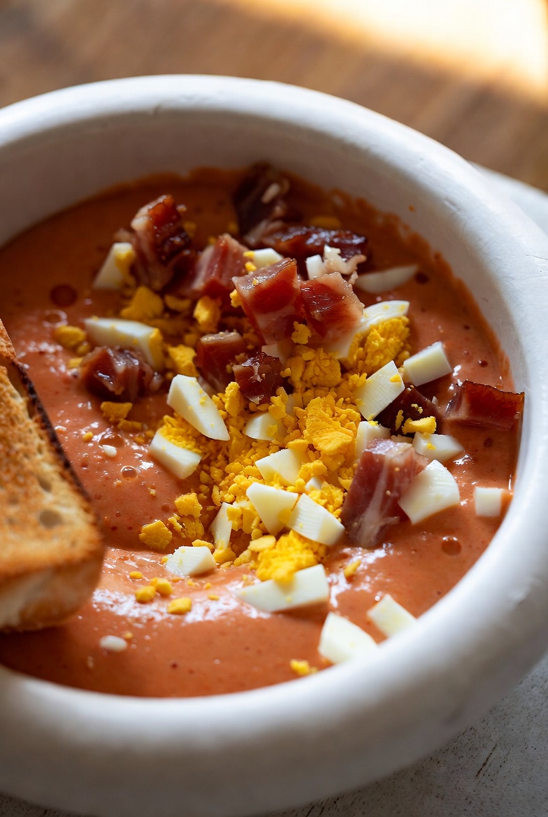 Porra antequerana servida en cuenco de cer&aacute;mica blanca con huevo duro y jam&oacute;n serrano.