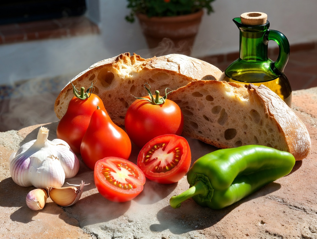 Ingredientes frescos para porra antequerana: tomates, pan, pimiento, ajo y aceite sobre azulejos andaluces.
