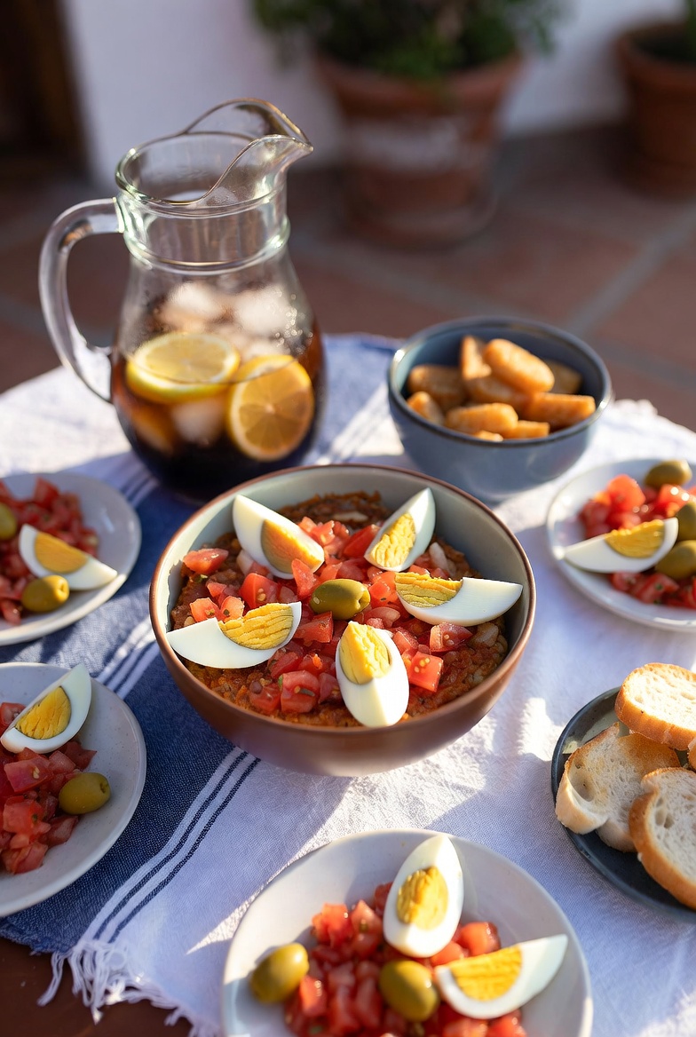 Porra antequerana en una mesa de patio con tinto de verano y acompa&ntilde;amientos t&iacute;picos andaluces