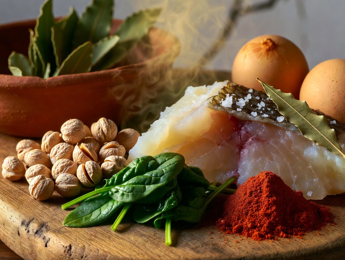 Ingredientes frescos para potaje de vigilia sobre tabla rústica: garbanzos, bacalao, espinacas y huevos