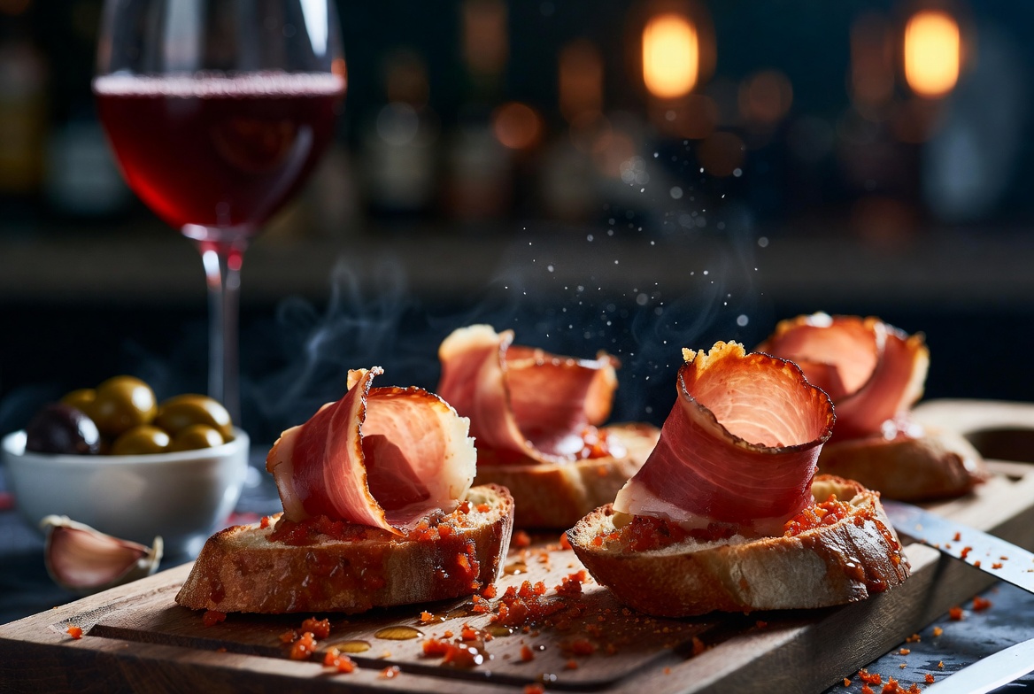 Tabla de pan con tomate catal&aacute;n con jam&oacute;n ib&eacute;rico, lista para comer como tapa.
