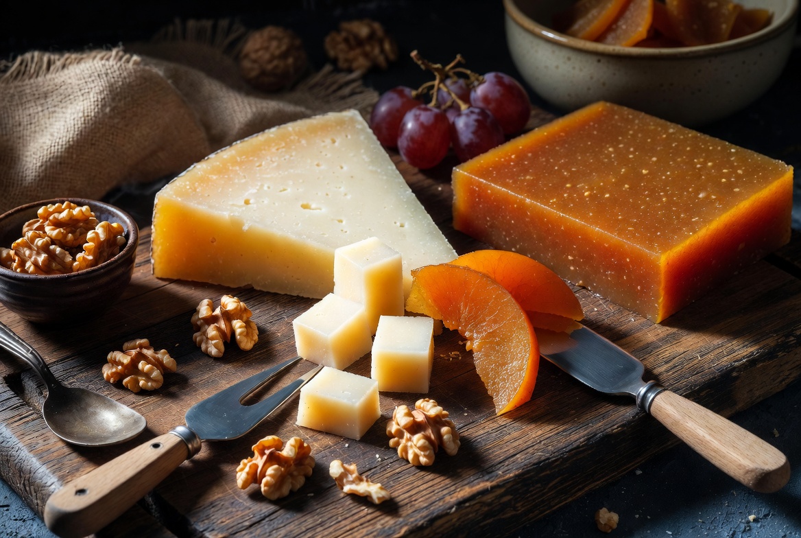 Tabla de madera con queso manchego, l&aacute;minas de dulce de membrillo casero y nueces.
