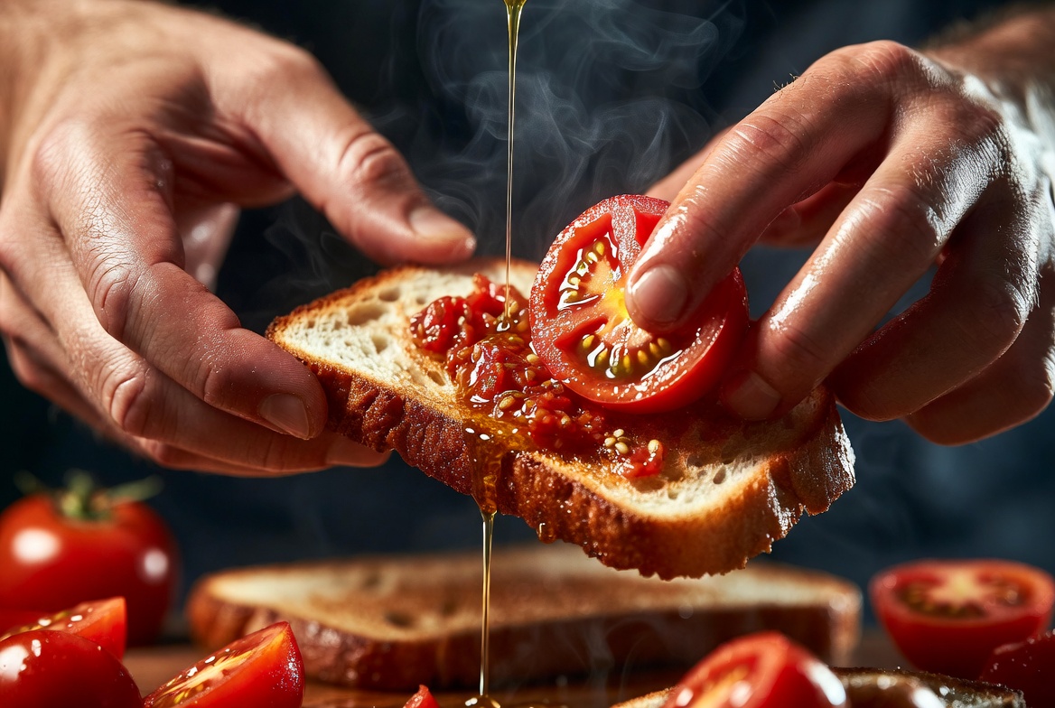 Manos frotando tomate sobre pan tostado para hacer aut&eacute;ntico pan con tomate catal&aacute;n.
