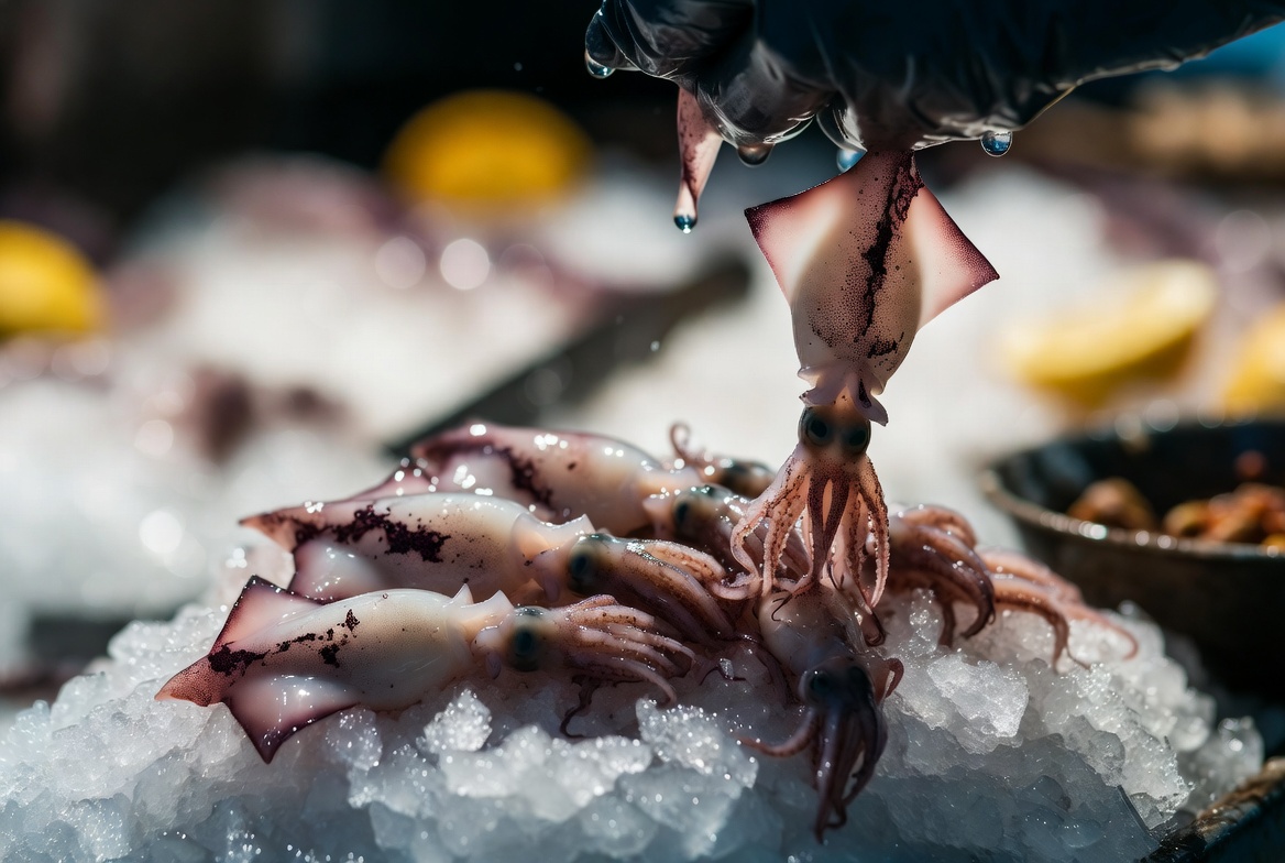 Puntillitas o calamares peque&ntilde;os frescos sobre hielo en una pescader&iacute;a.