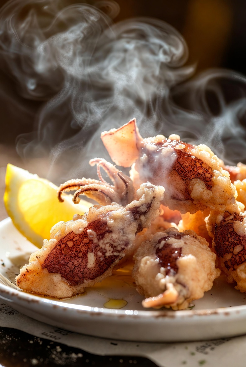 Puntillitas fritas reci&eacute;n hechas, doradas y crujientes, servidas en plato tradicional con lim&oacute;n